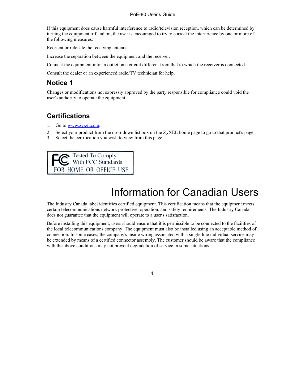 Information for canadian users, Notice 1, Certifications | ZyXEL Communications PoE-80 User Manual | Page 4 / 23