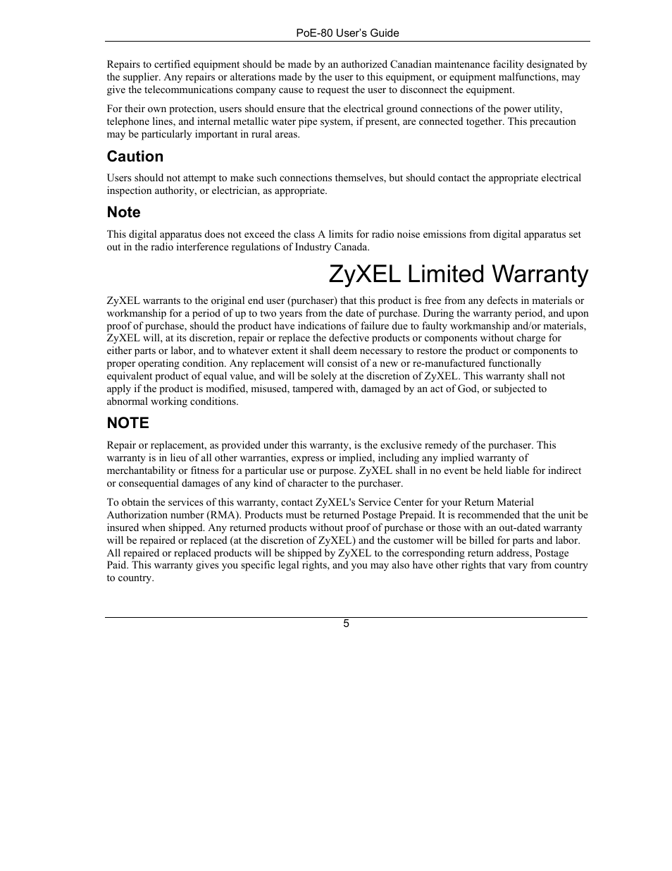Zyxel limited warranty | ZyXEL Communications PoE-80 User Manual | Page 5 / 23
