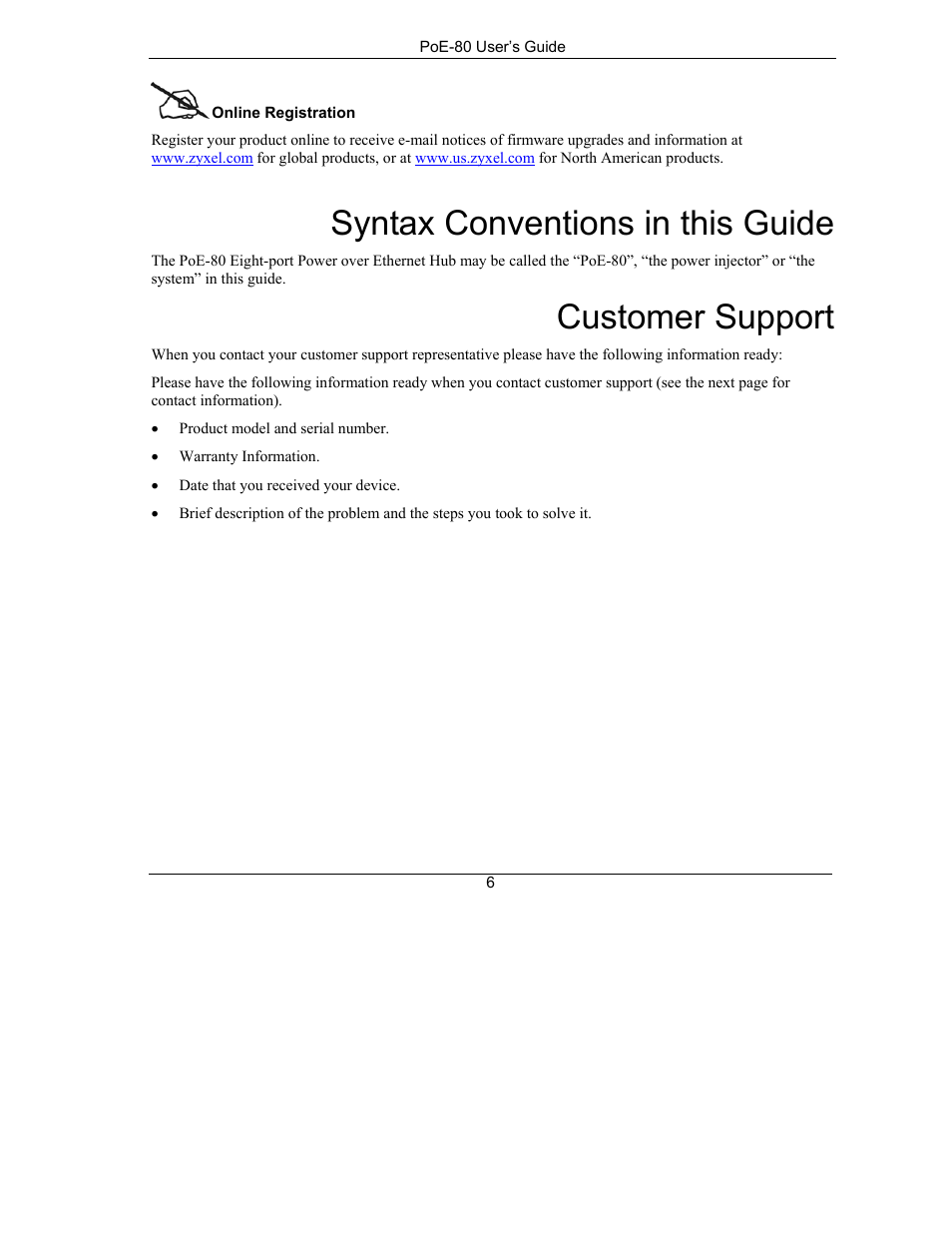 Syntax conventions in this guide, Customer support | ZyXEL Communications PoE-80 User Manual | Page 6 / 23