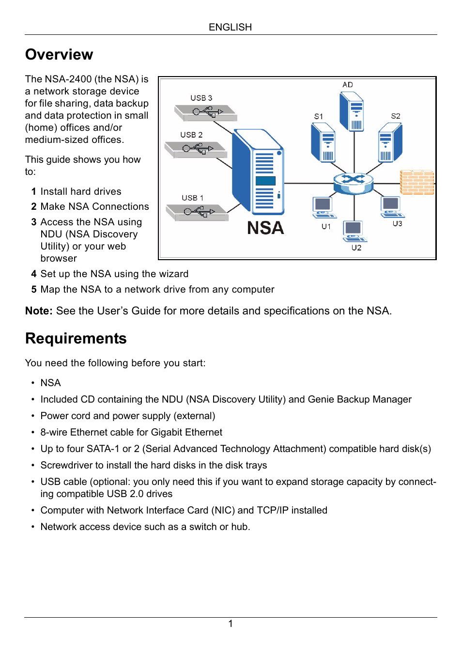 English, Overview, Requirements | ZyXEL Communications NSA-2400 User Manual | Page 2 / 107