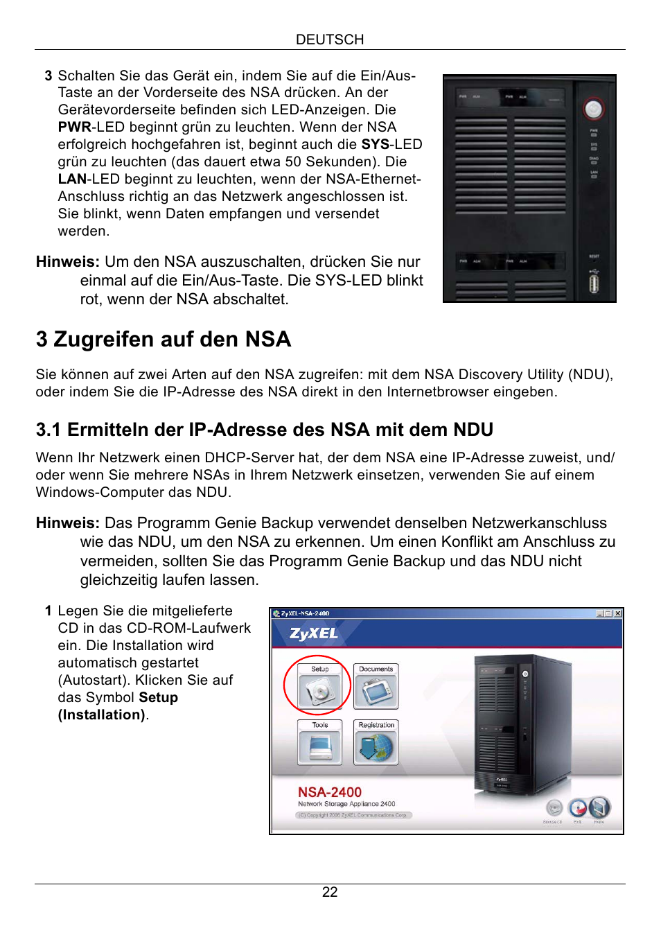 3 zugreifen auf den nsa, 1 ermitteln der ip-adresse des nsa mit dem ndu | ZyXEL Communications NSA-2400 User Manual | Page 23 / 107