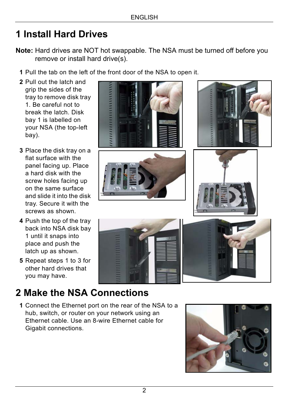 1 install hard drives, 2 make the nsa connections | ZyXEL Communications NSA-2400 User Manual | Page 3 / 107