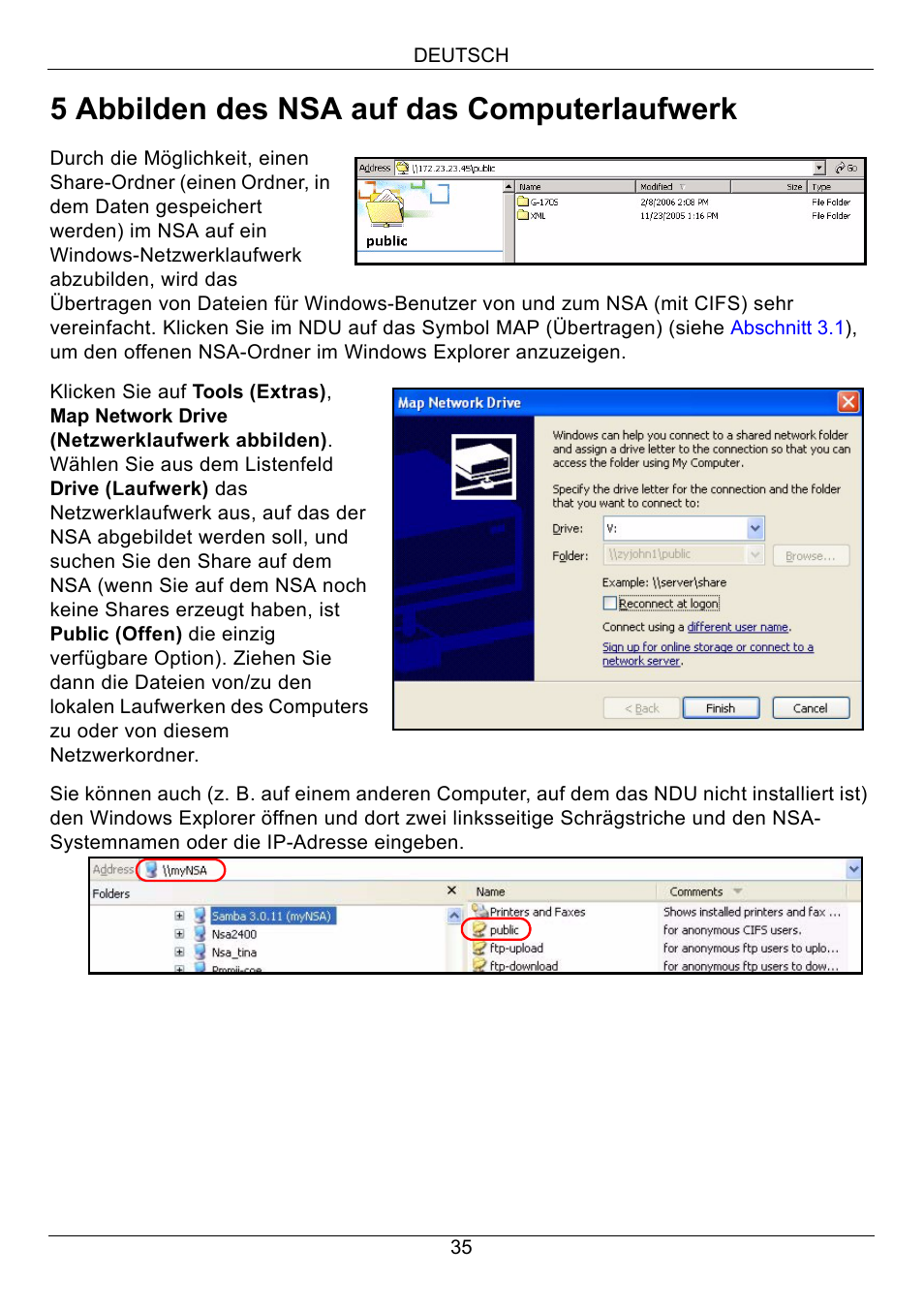 Abschnitt 5, 5 abbilden des nsa auf das computerlaufwerk | ZyXEL Communications NSA-2400 User Manual | Page 36 / 107