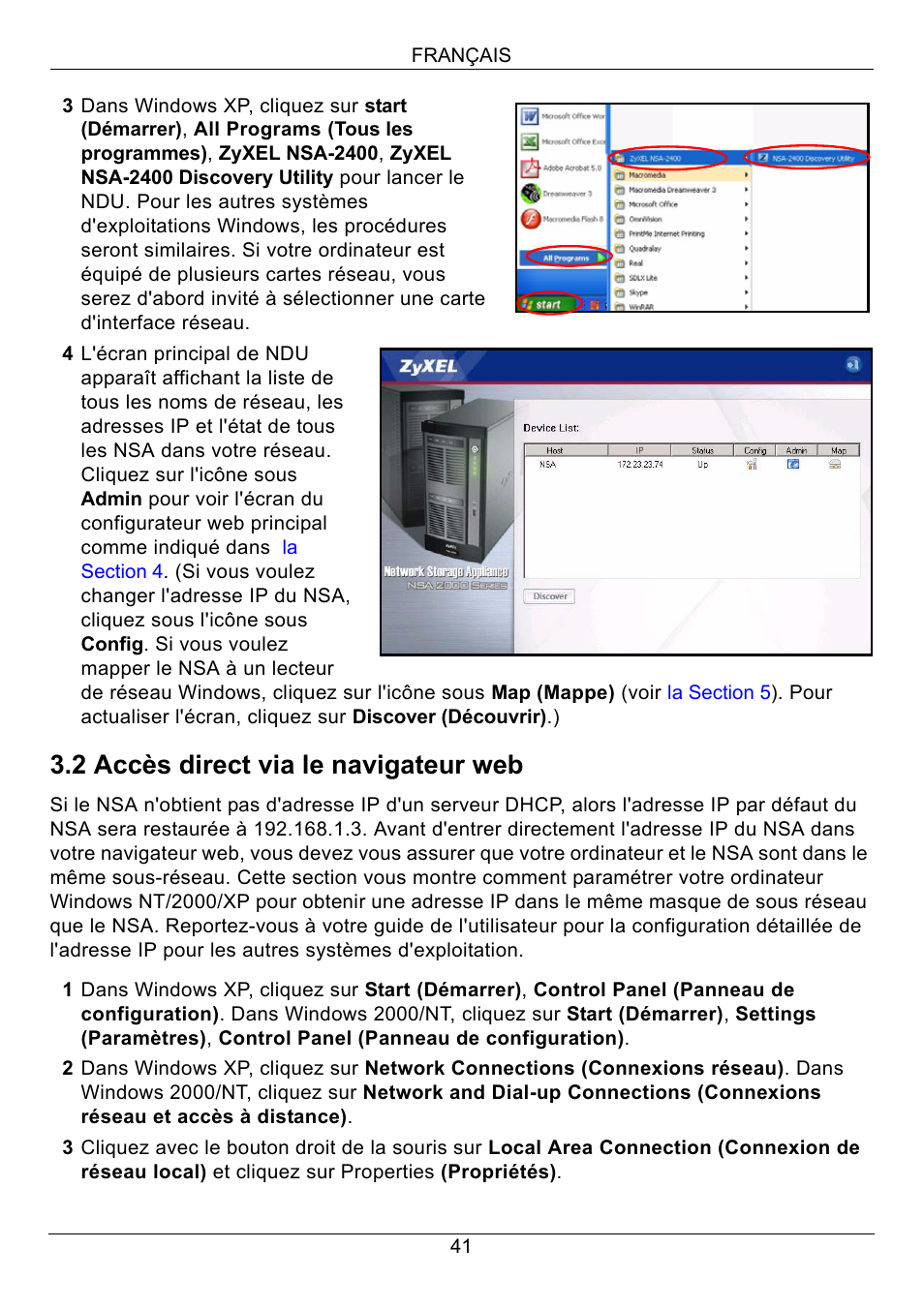 2 accès direct via le navigateur web | ZyXEL Communications NSA-2400 User Manual | Page 42 / 107