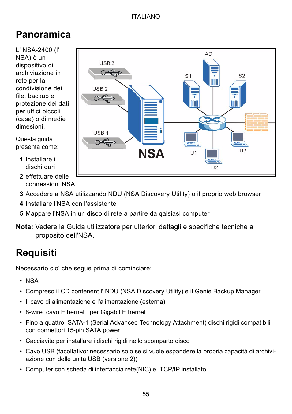 Italiano, Panoramica, Requisiti | ZyXEL Communications NSA-2400 User Manual | Page 56 / 107