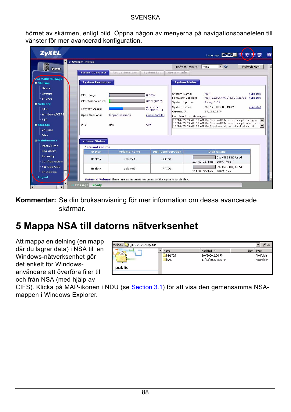 Section, 5 mappa nsa till datorns nätverksenhet | ZyXEL Communications NSA-2400 User Manual | Page 89 / 107