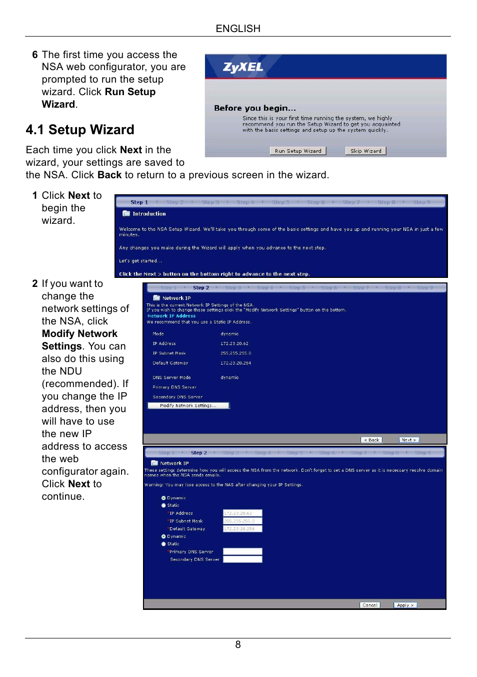 1 setup wizard | ZyXEL Communications NSA-2400 User Manual | Page 9 / 107