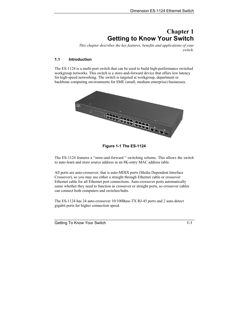 Getting to know your switch, Introduction, Chapter 1 getting to know your switch | ZyXEL Communications ES-1124 User Manual | Page 11 / 30