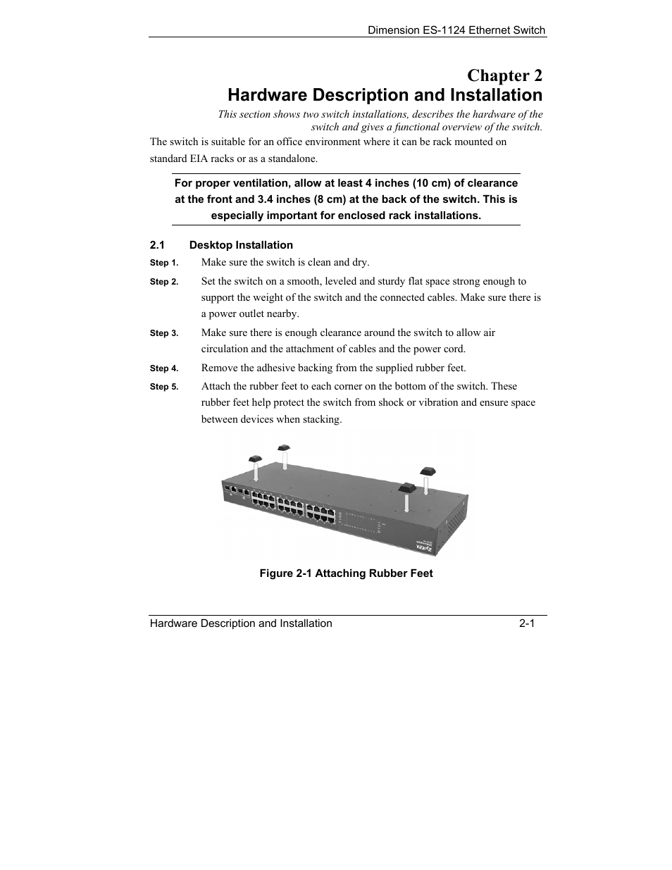 Hardware description and installation, Desktop installation, Chapter 2 hardware description and installation | ZyXEL Communications ES-1124 User Manual | Page 17 / 30