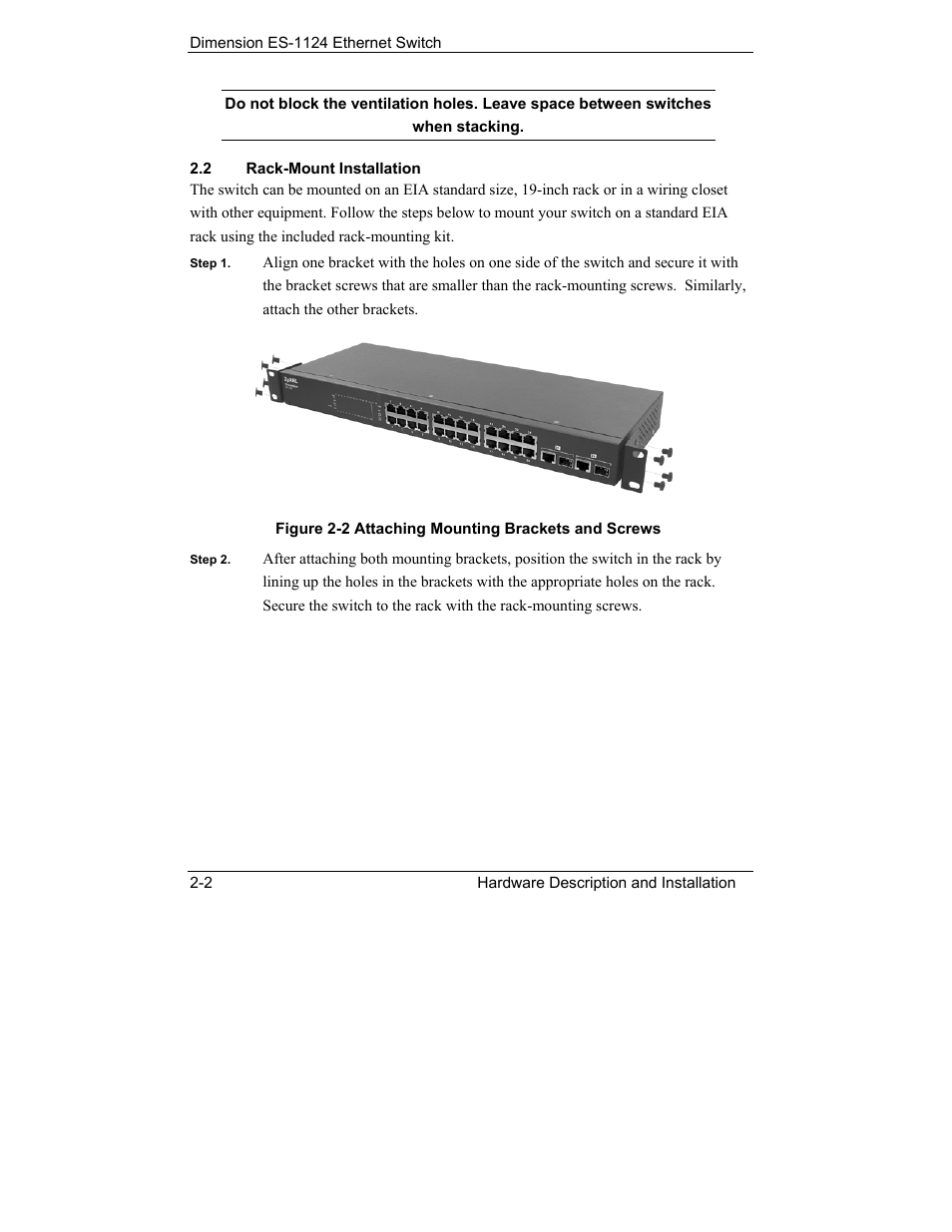 Rack-mount installation | ZyXEL Communications ES-1124 User Manual | Page 18 / 30