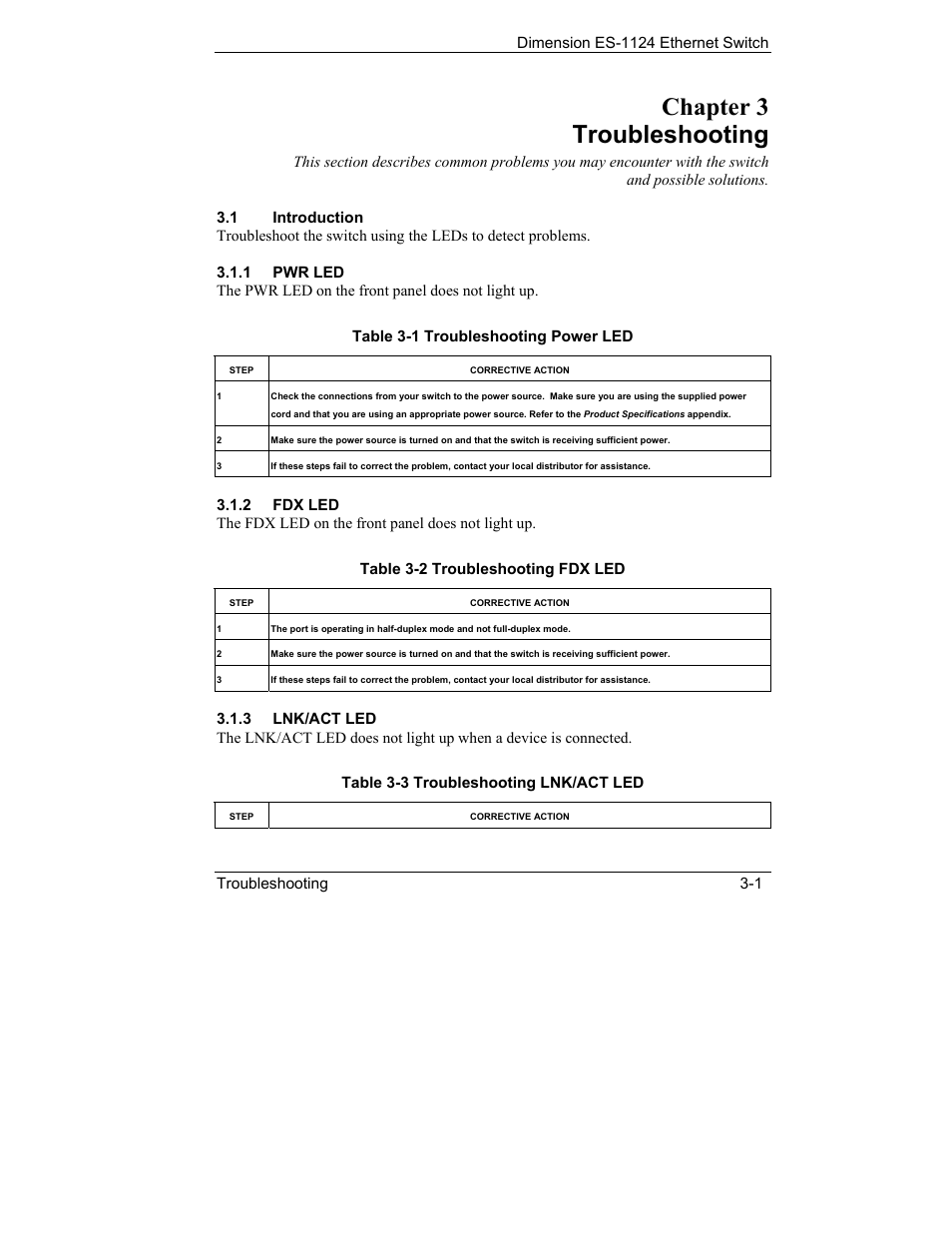 Troubleshooting, Introduction, Chapter 3 troubleshooting | ZyXEL Communications ES-1124 User Manual | Page 23 / 30