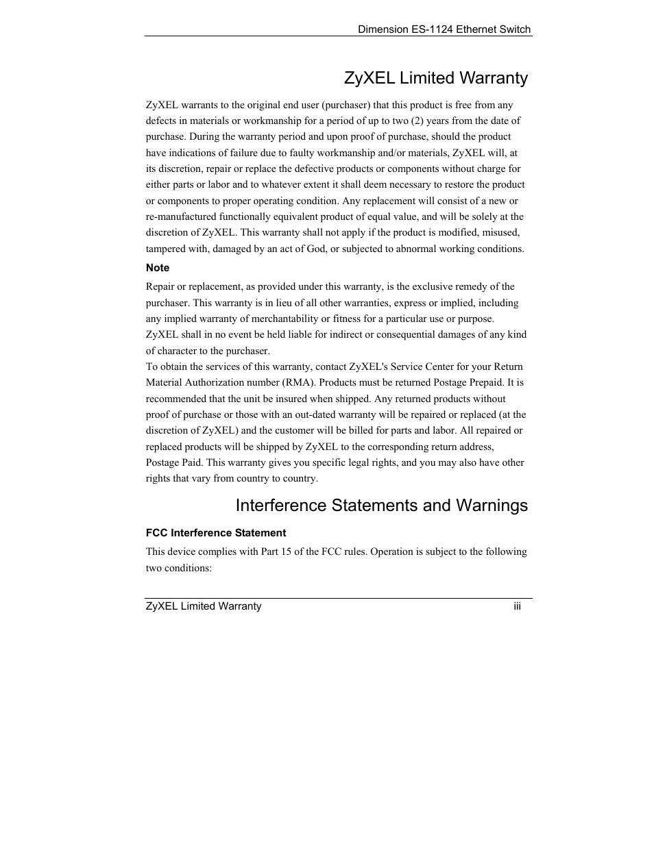 Zyxel limited warranty, Interference statements and warnings | ZyXEL Communications ES-1124 User Manual | Page 3 / 30