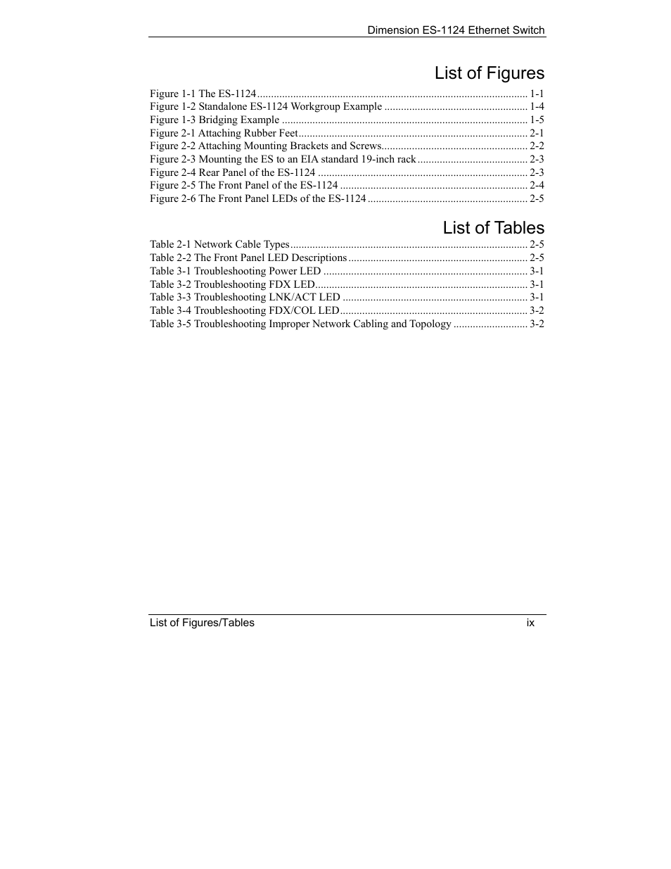 List of figures, List of tables | ZyXEL Communications ES-1124 User Manual | Page 8 / 30