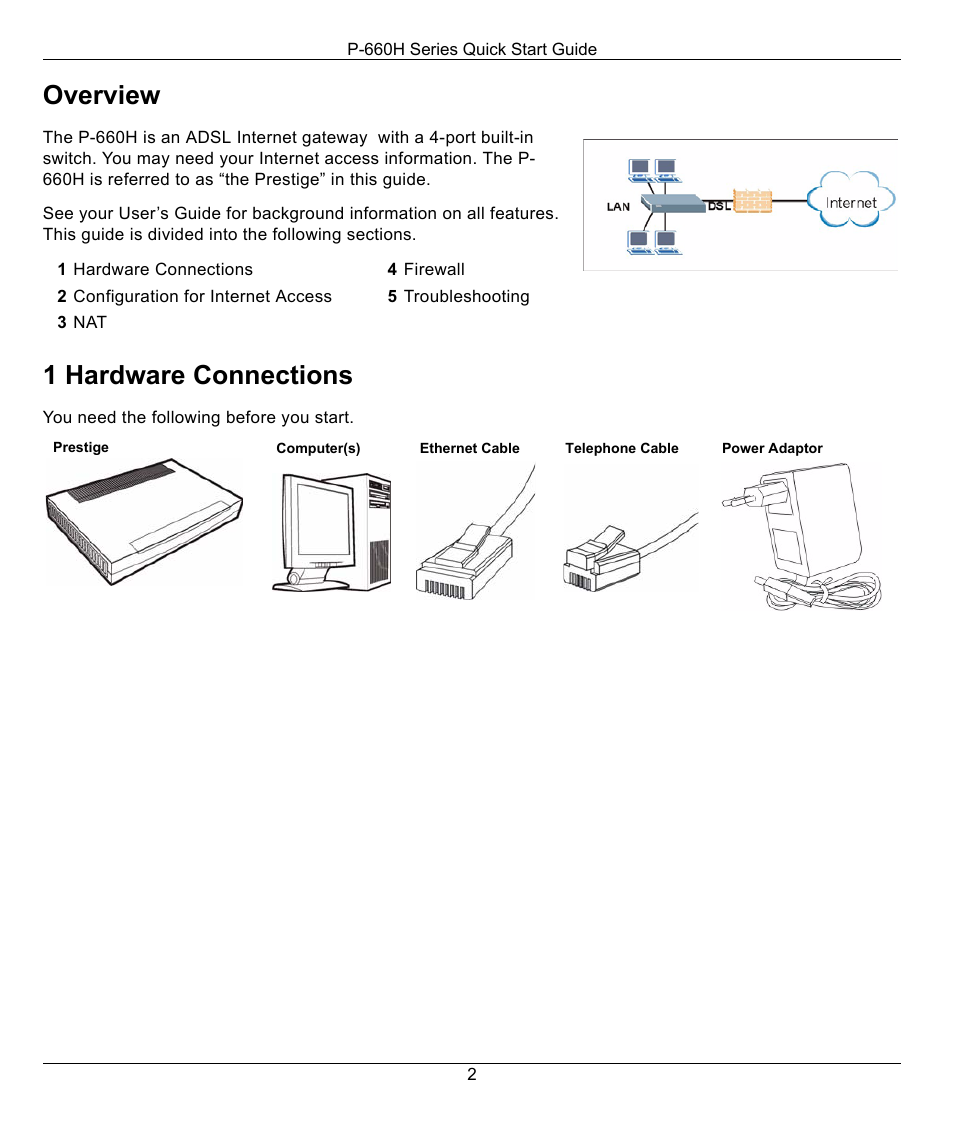 Overview, 1 hardware connections | ZyXEL Communications P-660H Series User Manual | Page 2 / 9