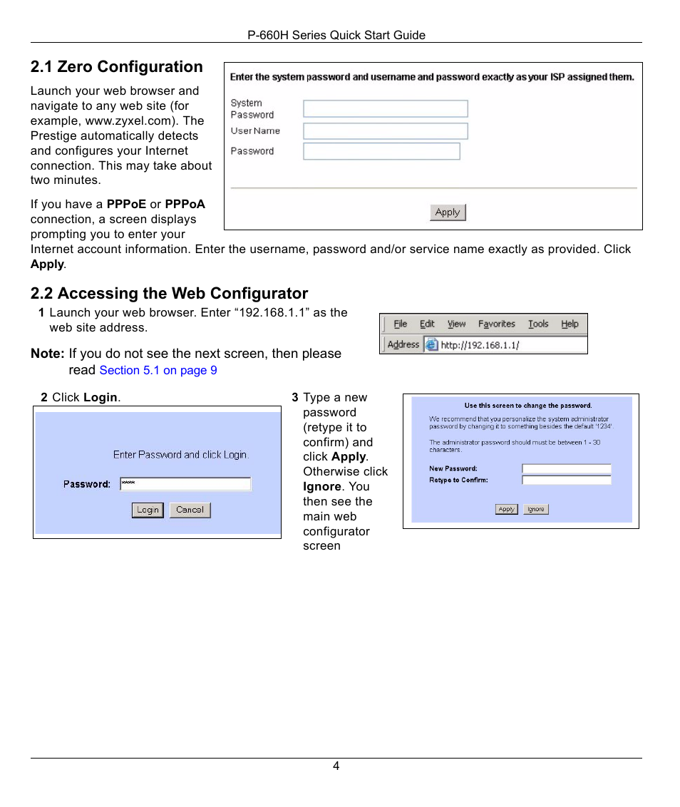 1 zero configuration, 2 accessing the web configurator | ZyXEL Communications P-660H Series User Manual | Page 4 / 9