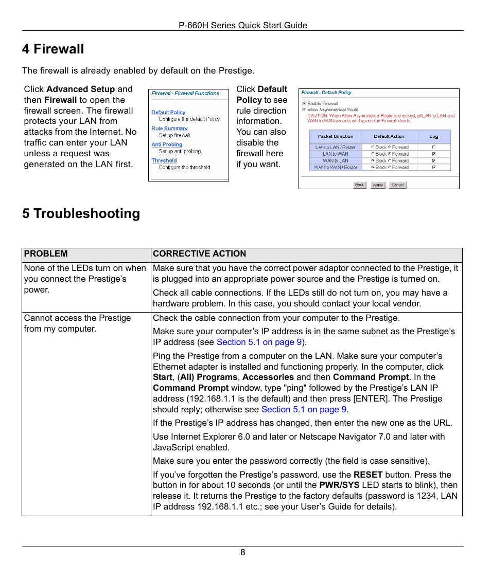 4 firewall, 5 troubleshooting | ZyXEL Communications P-660H Series User Manual | Page 8 / 9