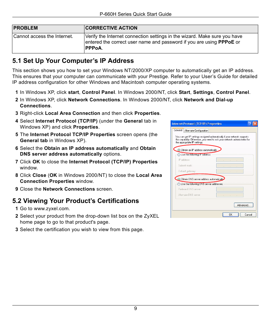 1 set up your computer’s ip address, 2 viewing your product’s certifications | ZyXEL Communications P-660H Series User Manual | Page 9 / 9