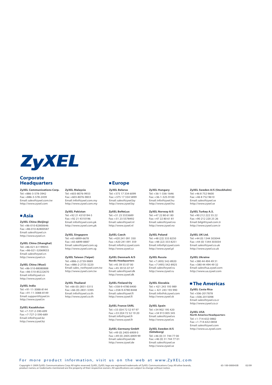 Corporate headquarters europe asia the americas | ZyXEL Communications 7000 Series User Manual | Page 7 / 7