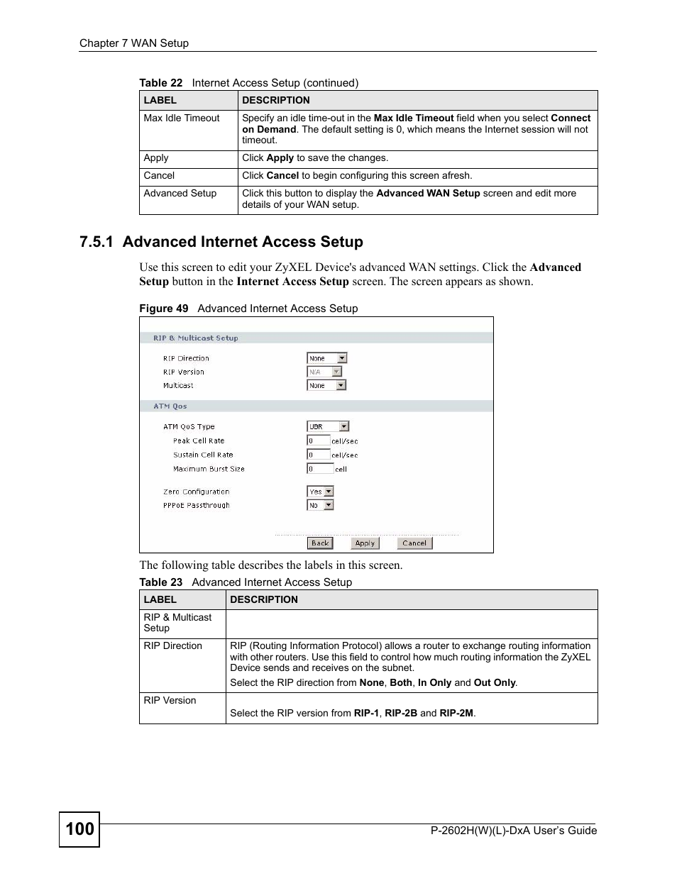 1 advanced internet access setup, Figure 49 advanced internet access setup, Table 23 advanced internet access setup | ZyXEL Communications P-2602H User Manual | Page 100 / 465