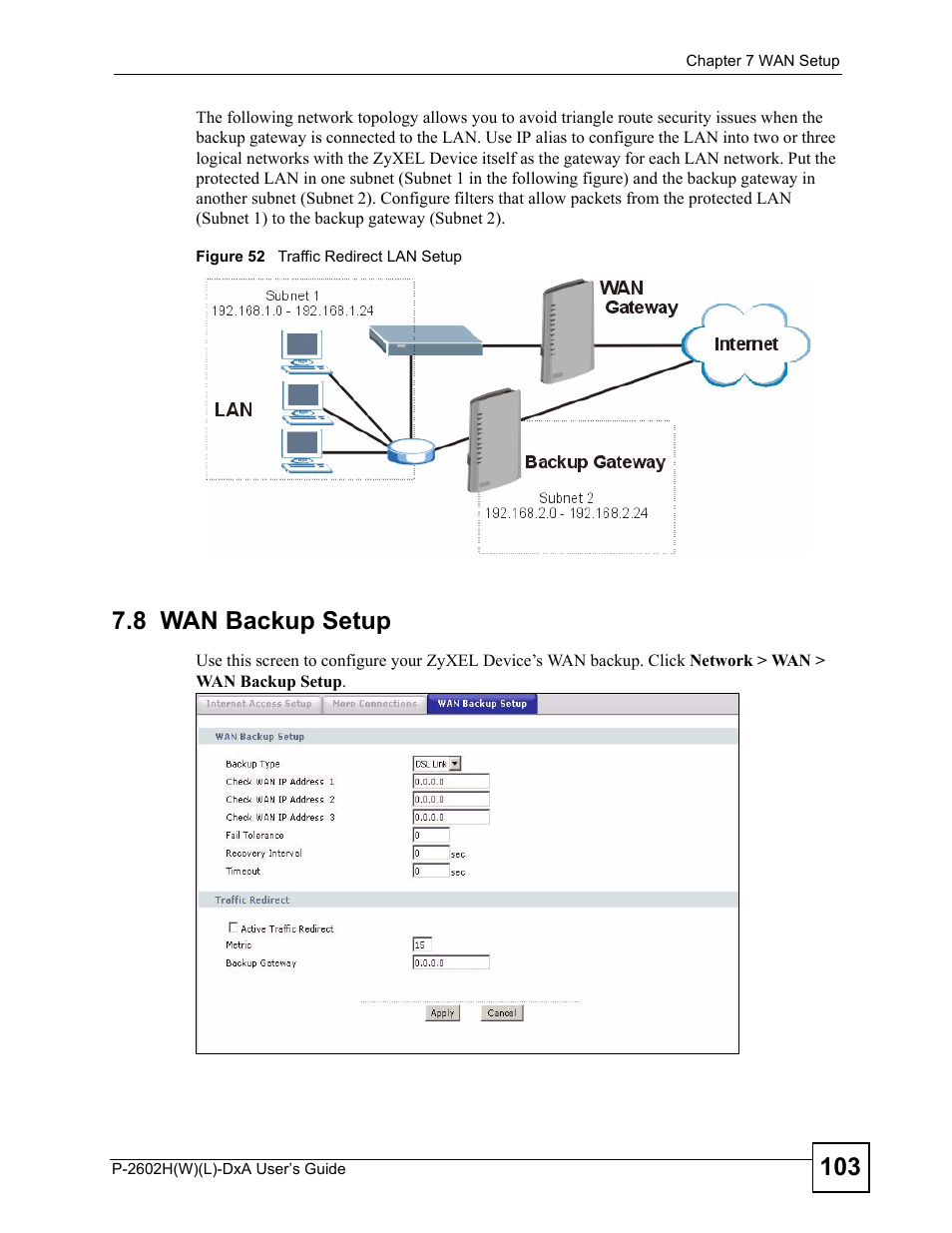 8 wan backup setup, Figure 52 traffic redirect lan setup | ZyXEL Communications P-2602H User Manual | Page 103 / 465