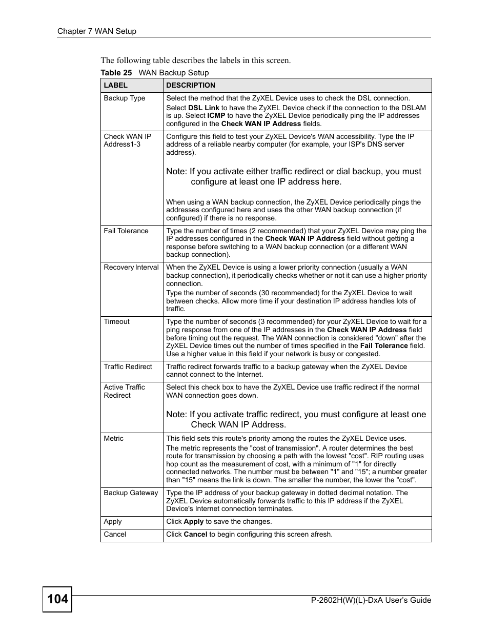 Table 25 wan backup setup | ZyXEL Communications P-2602H User Manual | Page 104 / 465