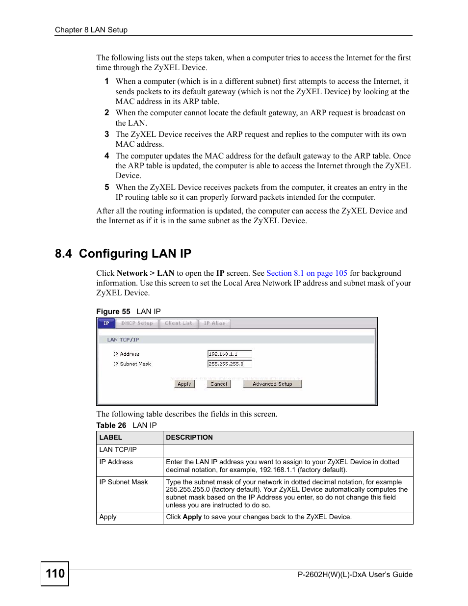 4 configuring lan ip, Figure 55 lan ip, Table 26 lan ip | ZyXEL Communications P-2602H User Manual | Page 110 / 465