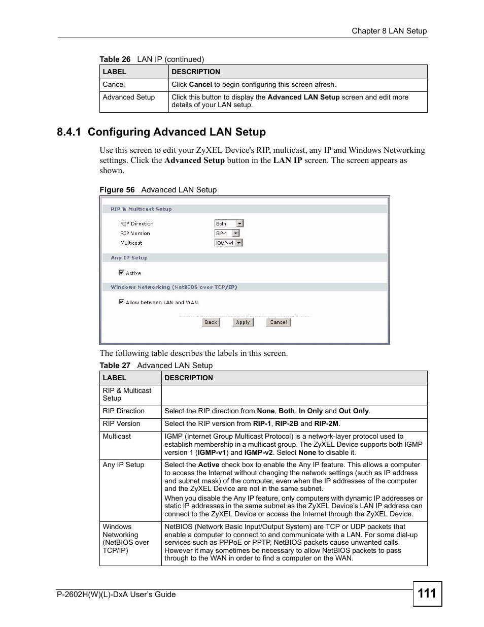 1 configuring advanced lan setup, Figure 56 advanced lan setup, Table 27 advanced lan setup | ZyXEL Communications P-2602H User Manual | Page 111 / 465