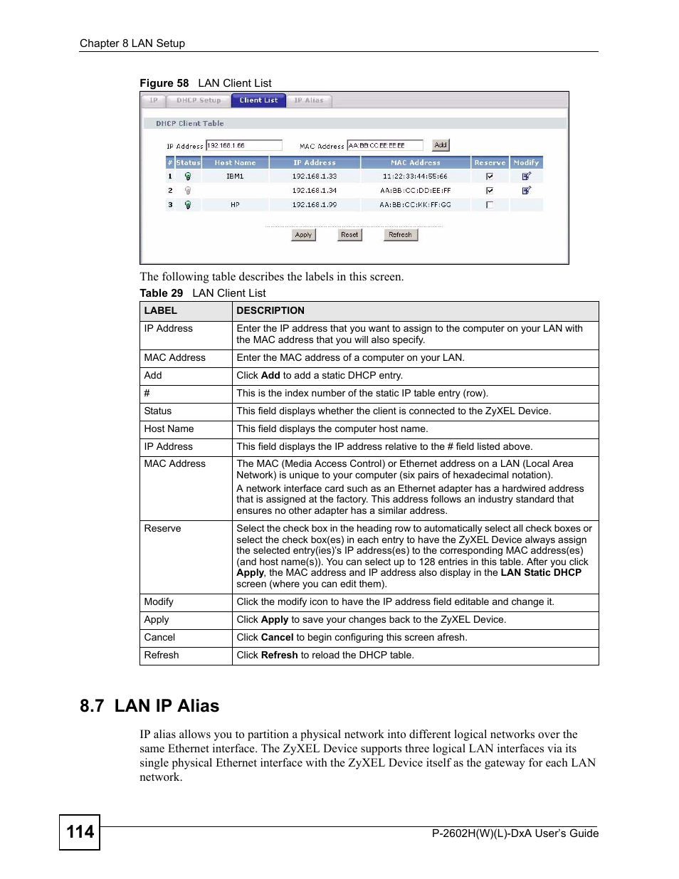 7 lan ip alias, Figure 58 lan client list, Table 29 lan client list | ZyXEL Communications P-2602H User Manual | Page 114 / 465