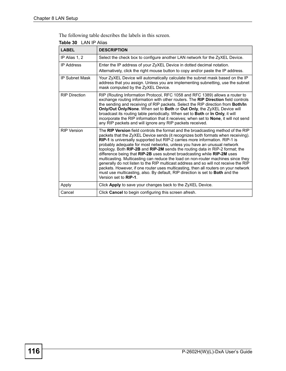 Table 30 lan ip alias | ZyXEL Communications P-2602H User Manual | Page 116 / 465