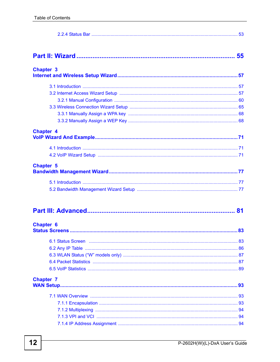 Part ii: wizard, Part iii: advanced | ZyXEL Communications P-2602H User Manual | Page 12 / 465