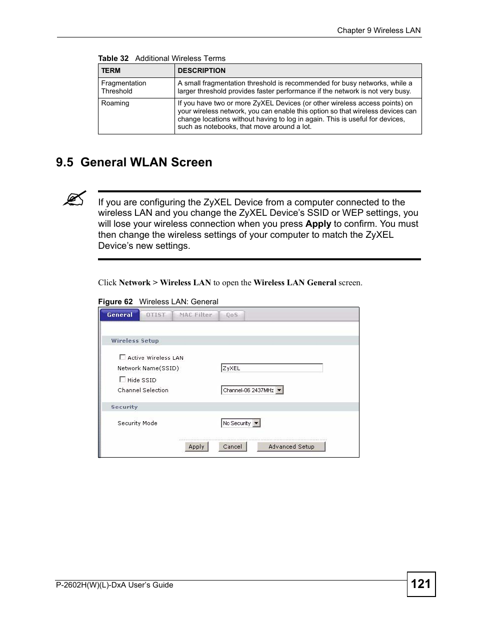 5 general wlan screen, Figure 62 wireless lan: general | ZyXEL Communications P-2602H User Manual | Page 121 / 465