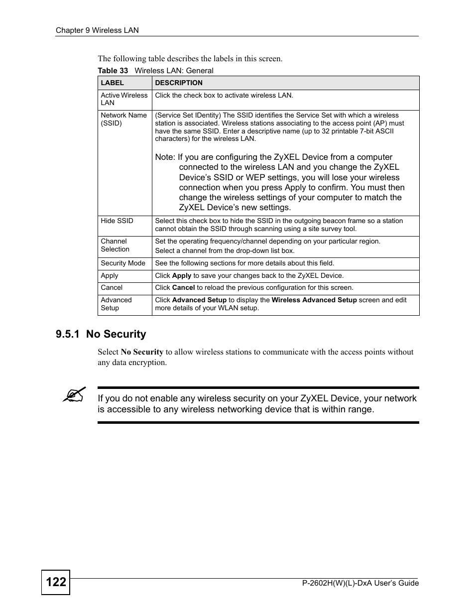 1 no security, Table 33 wireless lan: general | ZyXEL Communications P-2602H User Manual | Page 122 / 465