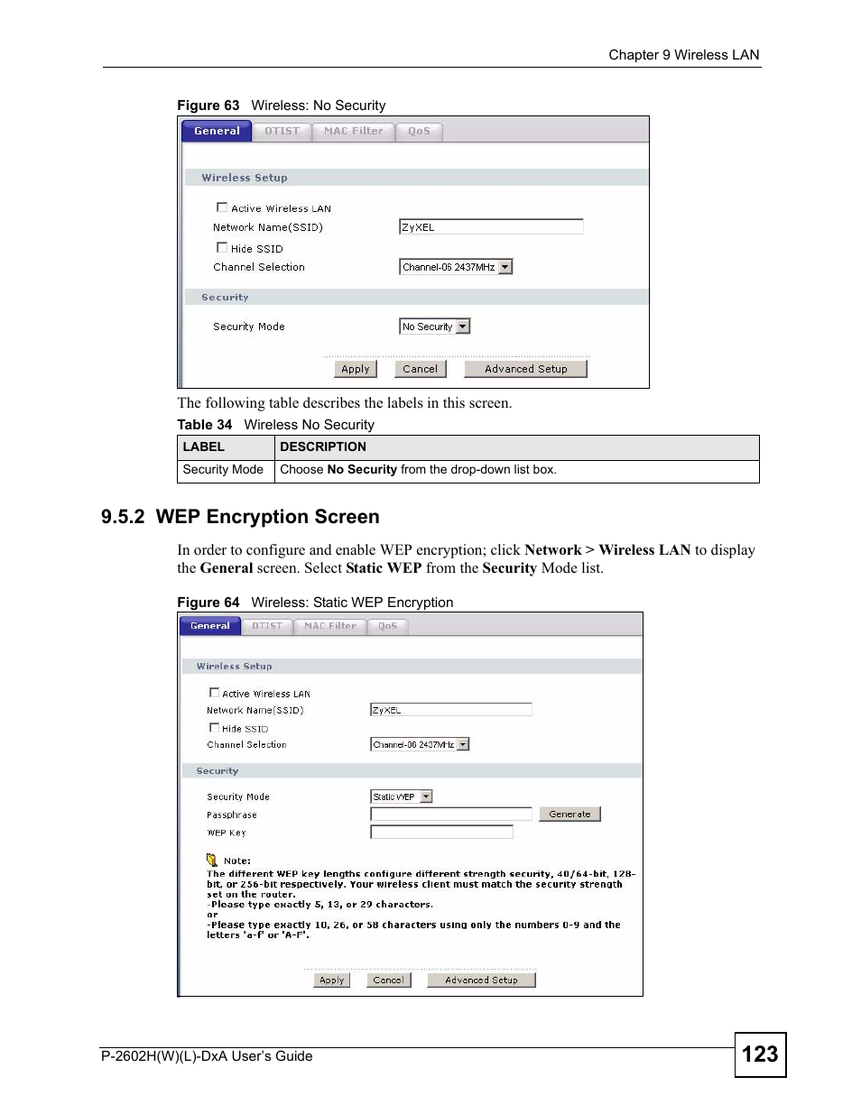 2 wep encryption screen, Table 34 wireless no security | ZyXEL Communications P-2602H User Manual | Page 123 / 465