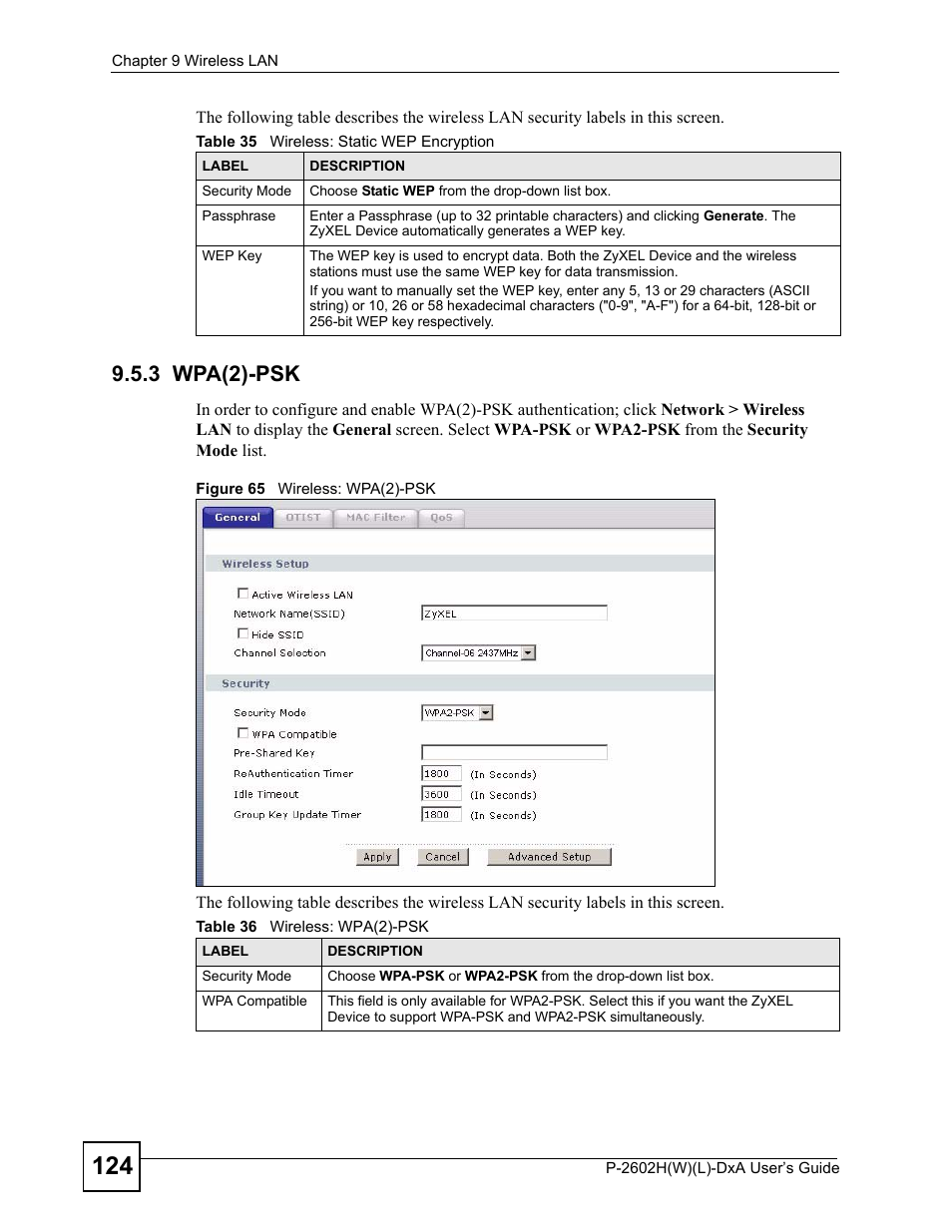 3 wpa(2)-psk, Figure 65 wireless: wpa(2)-psk | ZyXEL Communications P-2602H User Manual | Page 124 / 465