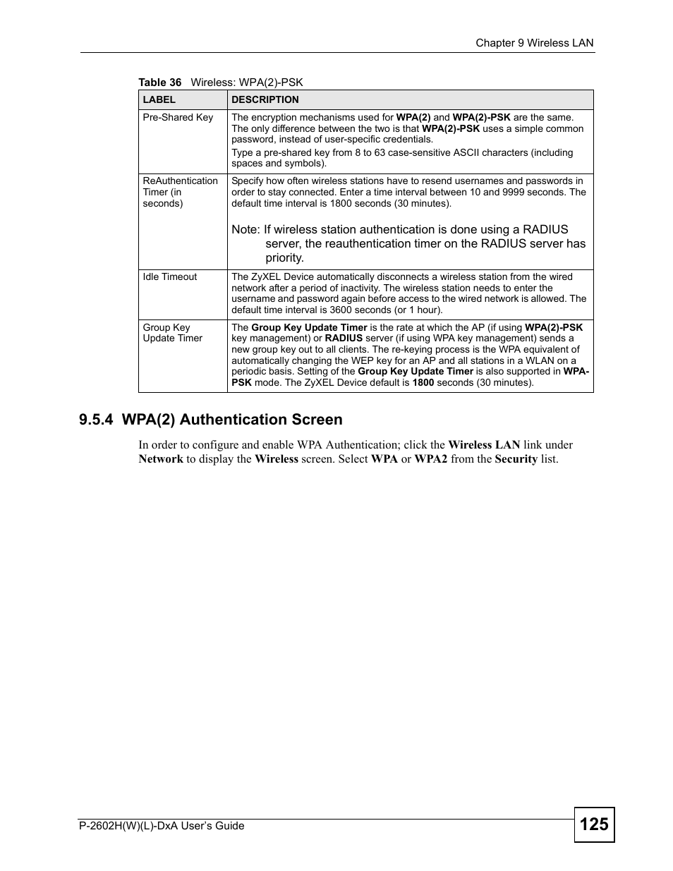 4 wpa(2) authentication screen | ZyXEL Communications P-2602H User Manual | Page 125 / 465