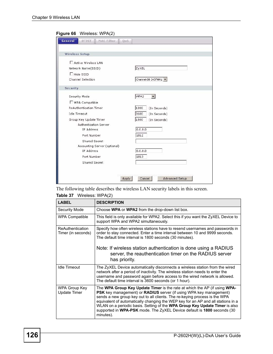 Figure 66 wireless: wpa(2), Table 37 wireless: wpa(2) | ZyXEL Communications P-2602H User Manual | Page 126 / 465