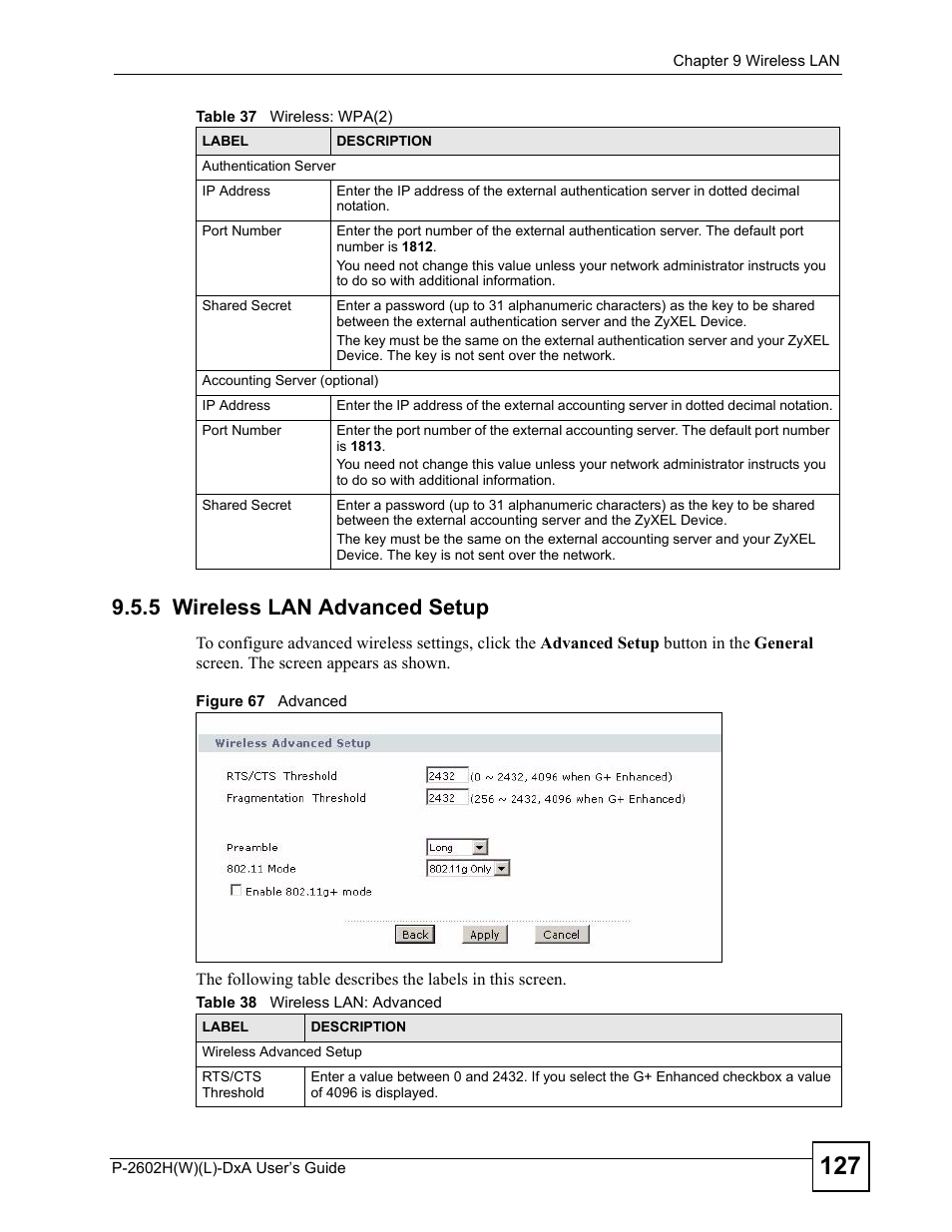 5 wireless lan advanced setup, Figure 67 advanced, Table 38 wireless lan: advanced | ZyXEL Communications P-2602H User Manual | Page 127 / 465