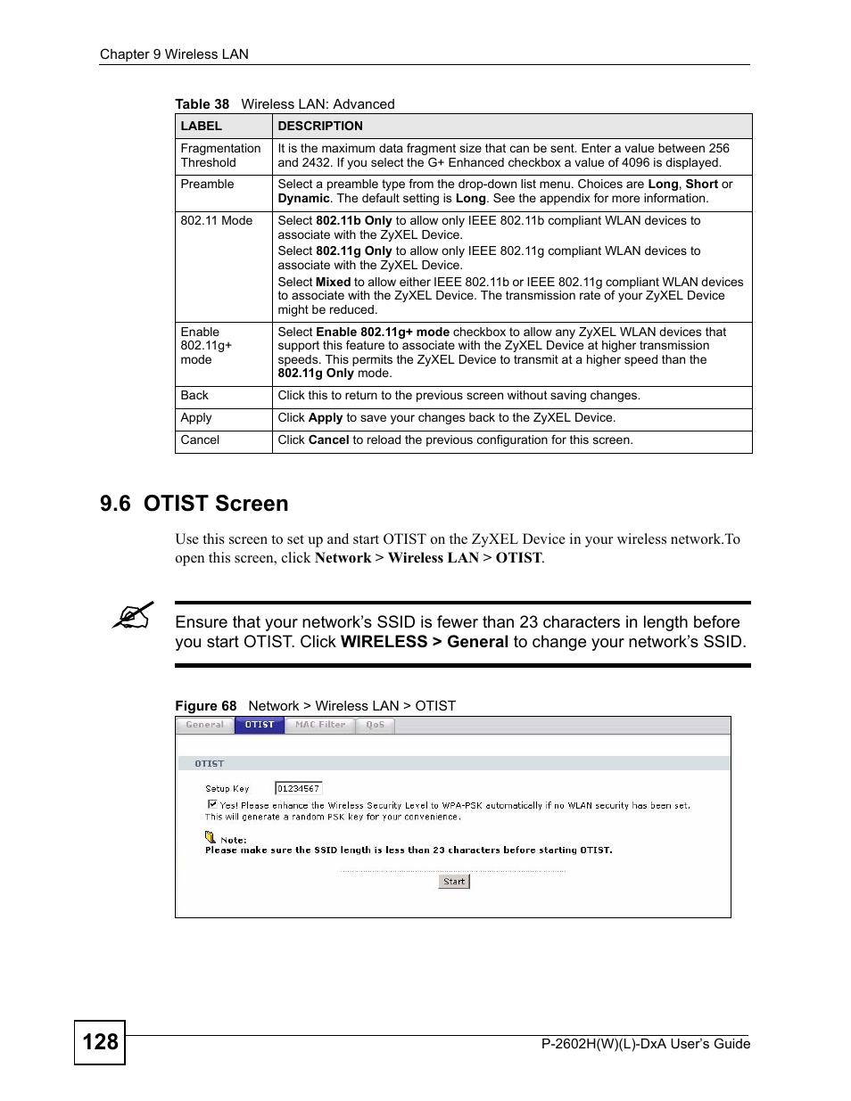 6 otist screen, Figure 68 network > wireless lan > otist | ZyXEL Communications P-2602H User Manual | Page 128 / 465