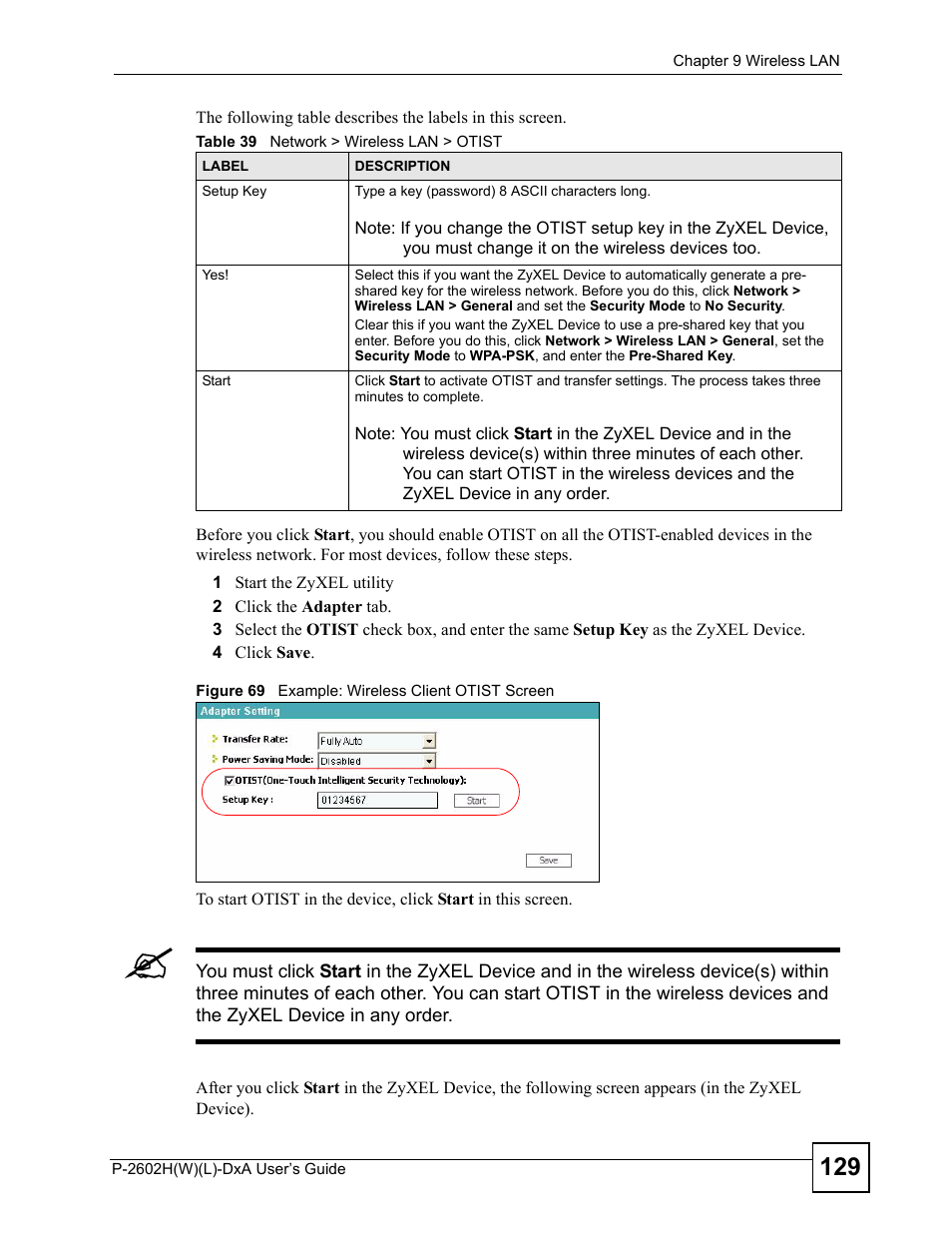 Figure 69 example: wireless client otist screen, Table 39 network > wireless lan > otist | ZyXEL Communications P-2602H User Manual | Page 129 / 465