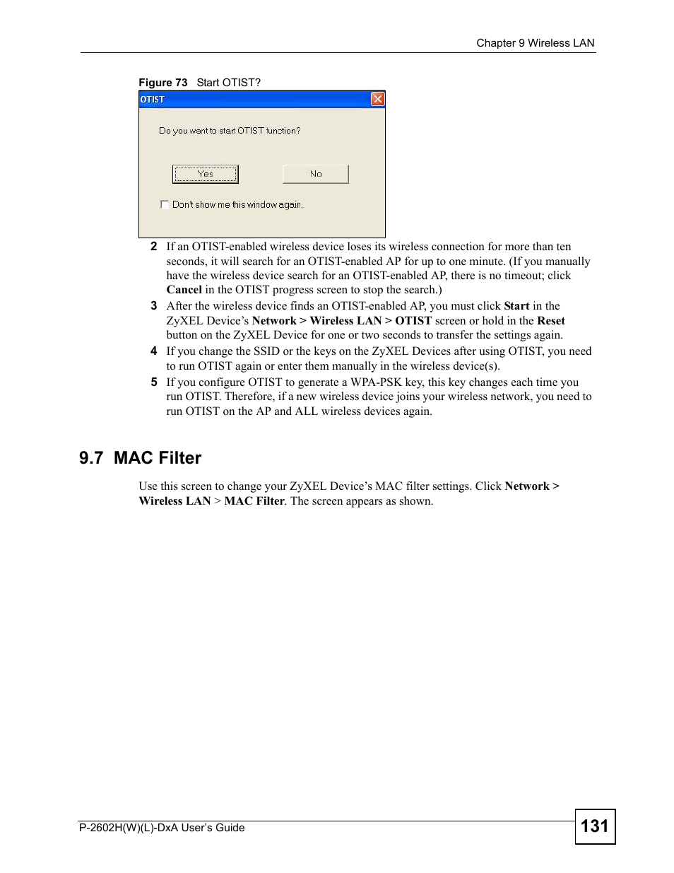 7 mac filter, Figure 73 start otist | ZyXEL Communications P-2602H User Manual | Page 131 / 465