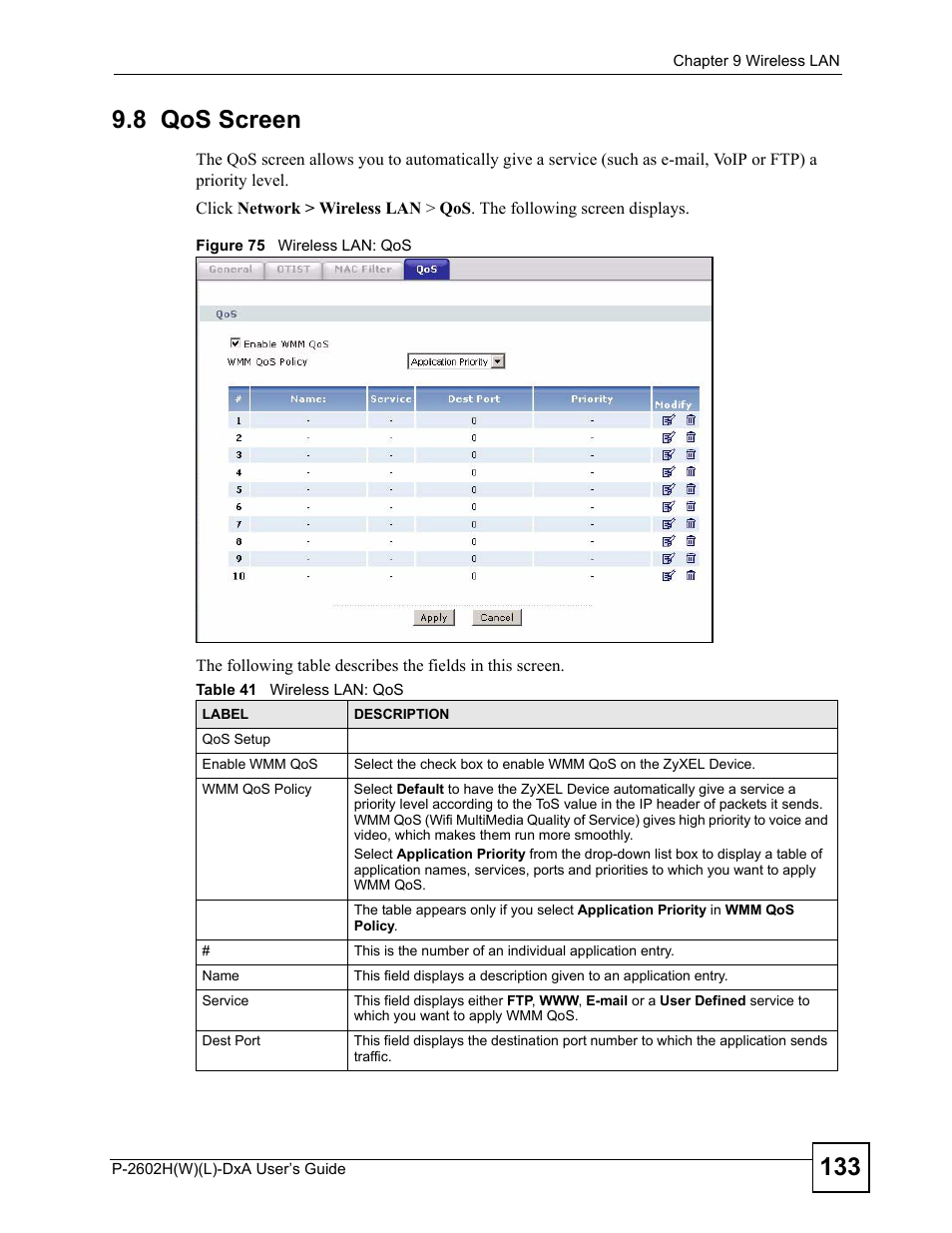 8 qos screen, Figure 75 wireless lan: qos, Table 41 wireless lan: qos | ZyXEL Communications P-2602H User Manual | Page 133 / 465