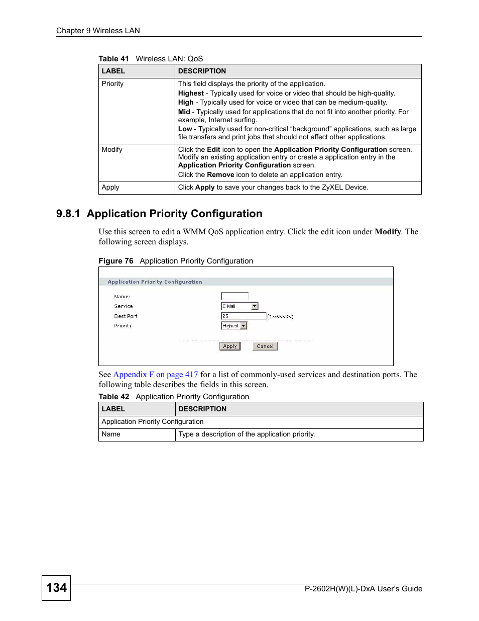 1 application priority configuration, Figure 76 application priority configuration, Table 42 application priority configuration | ZyXEL Communications P-2602H User Manual | Page 134 / 465