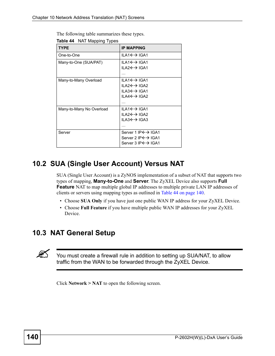 2 sua (single user account) versus nat, 3 nat general setup, Table 44 nat mapping types | ZyXEL Communications P-2602H User Manual | Page 140 / 465