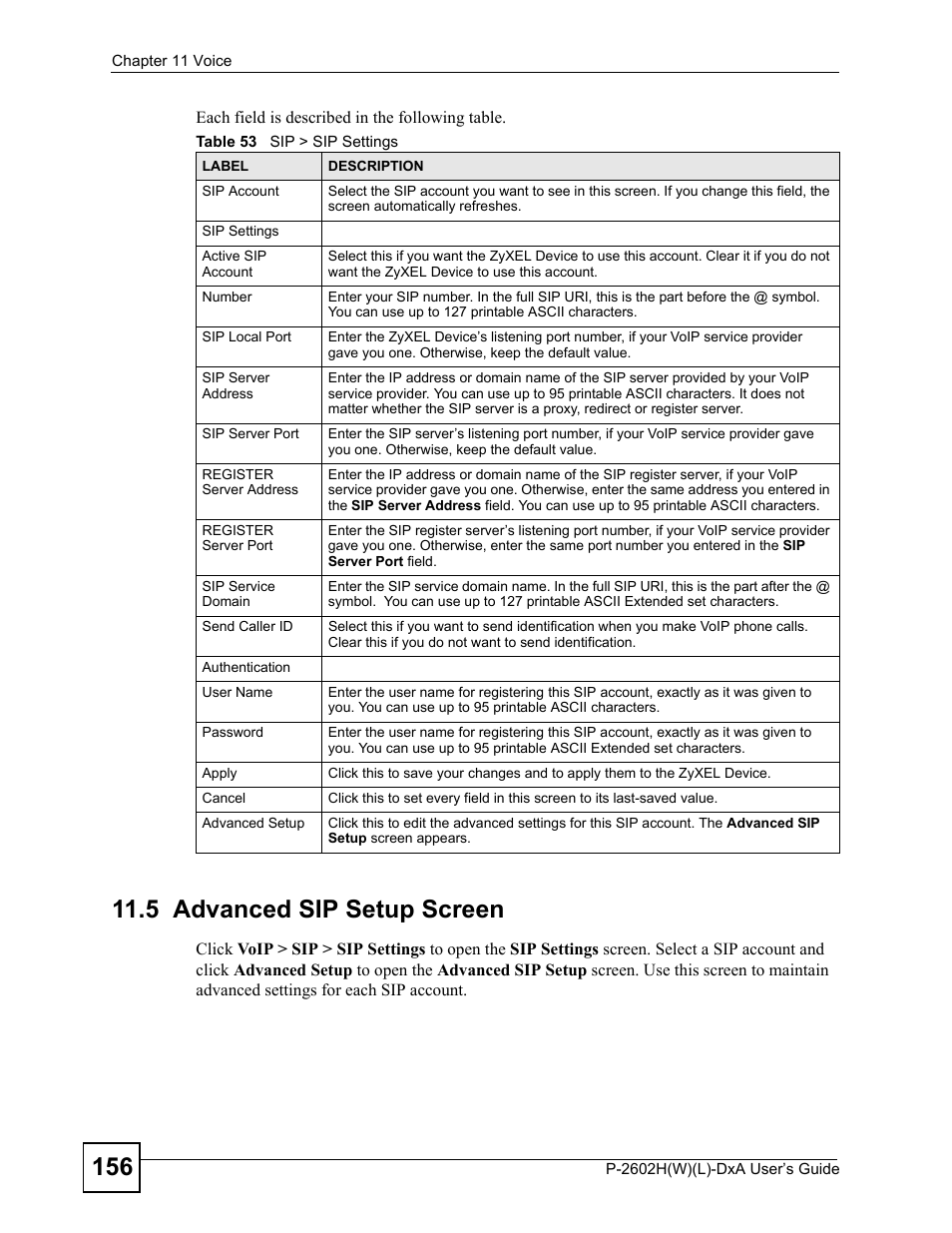 5 advanced sip setup screen, Table 53 sip > sip settings | ZyXEL Communications P-2602H User Manual | Page 156 / 465