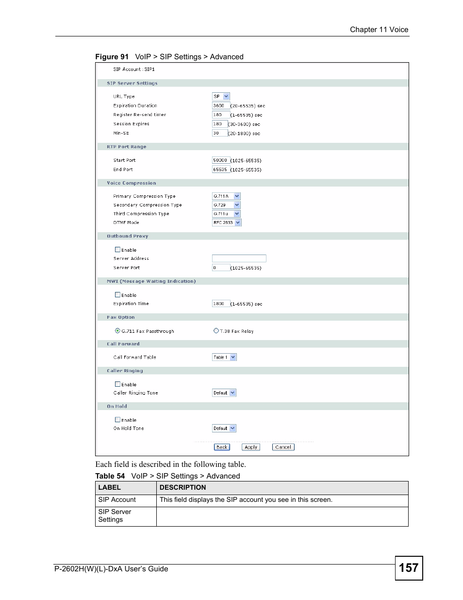 Figure 91 voip > sip settings > advanced, Table 54 voip > sip settings > advanced | ZyXEL Communications P-2602H User Manual | Page 157 / 465