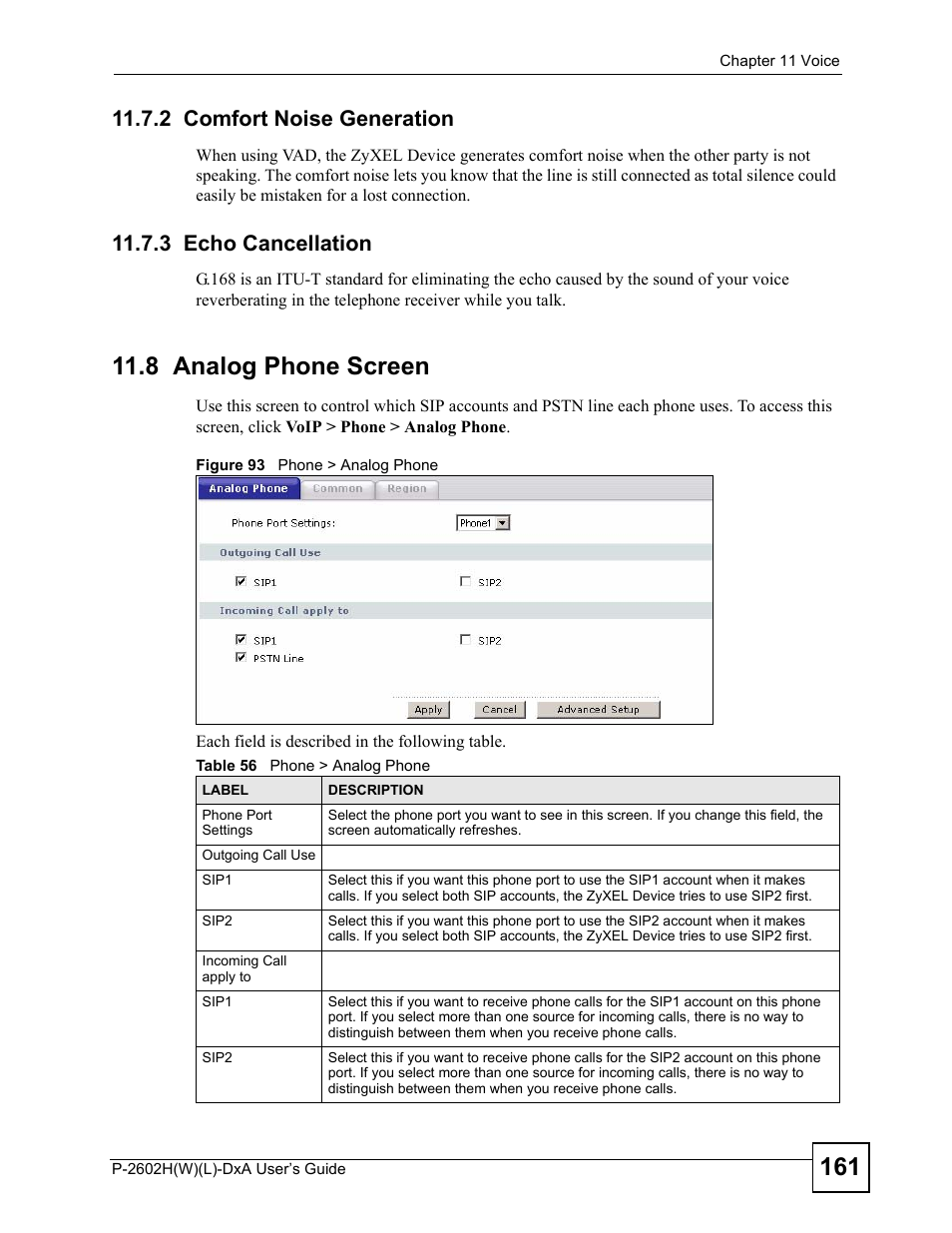 2 comfort noise generation, 3 echo cancellation, 8 analog phone screen | Figure 93 phone > analog phone, Table 56 phone > analog phone | ZyXEL Communications P-2602H User Manual | Page 161 / 465