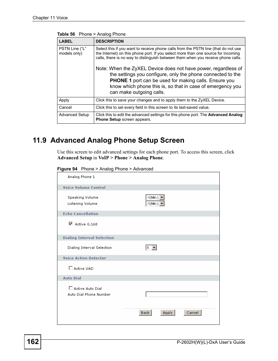 9 advanced analog phone setup screen, Figure 94 phone > analog phone > advanced | ZyXEL Communications P-2602H User Manual | Page 162 / 465