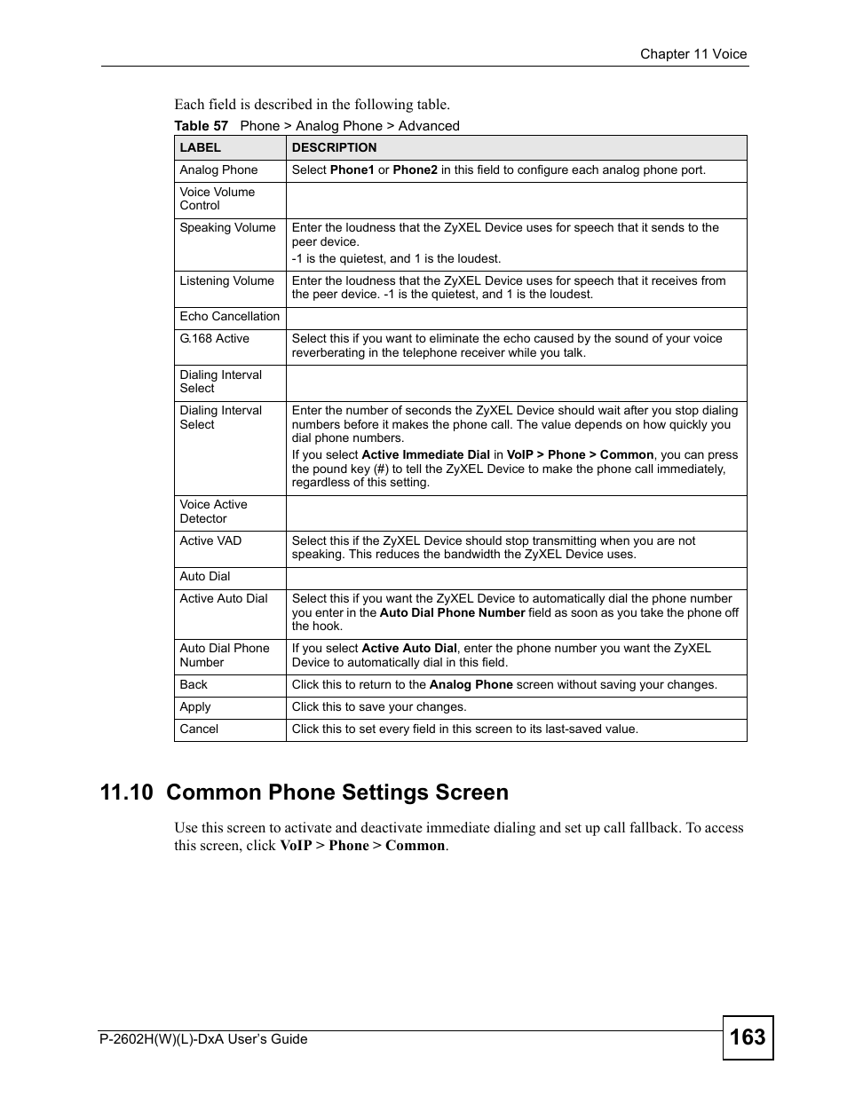 10 common phone settings screen, Table 57 phone > analog phone > advanced | ZyXEL Communications P-2602H User Manual | Page 163 / 465