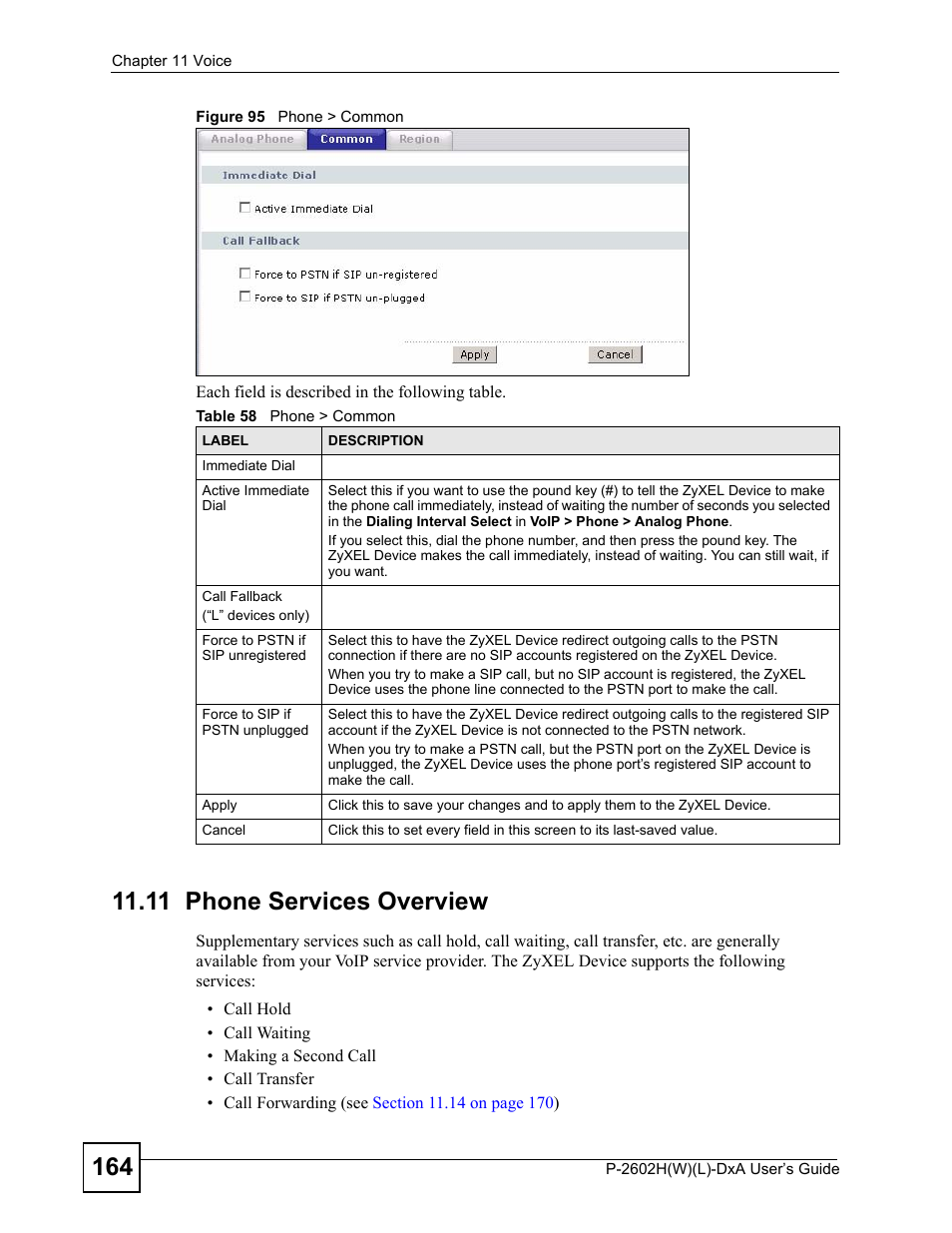 11 phone services overview, Figure 95 phone > common, Table 58 phone > common | ZyXEL Communications P-2602H User Manual | Page 164 / 465