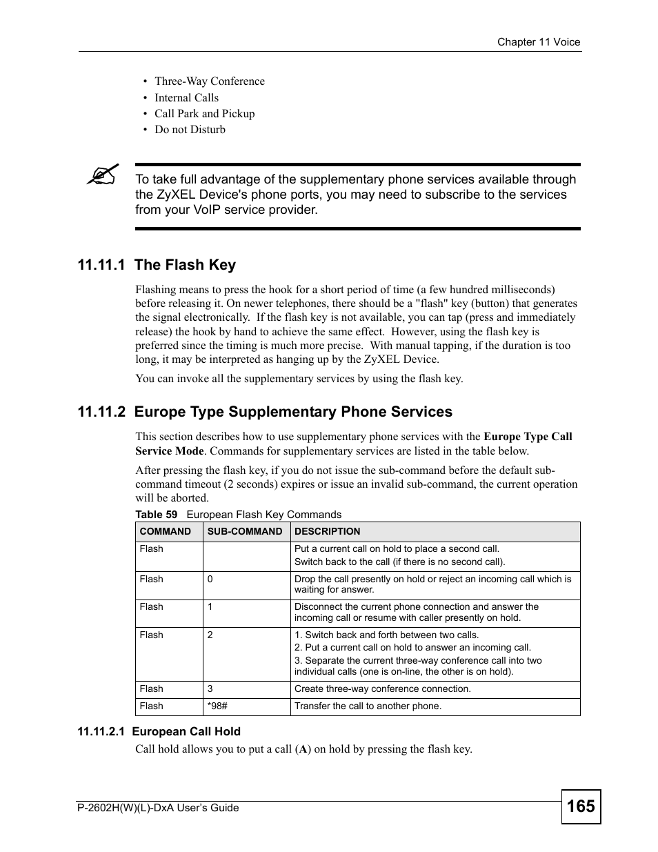 1 the flash key, 2 europe type supplementary phone services, Table 59 european flash key commands | ZyXEL Communications P-2602H User Manual | Page 165 / 465